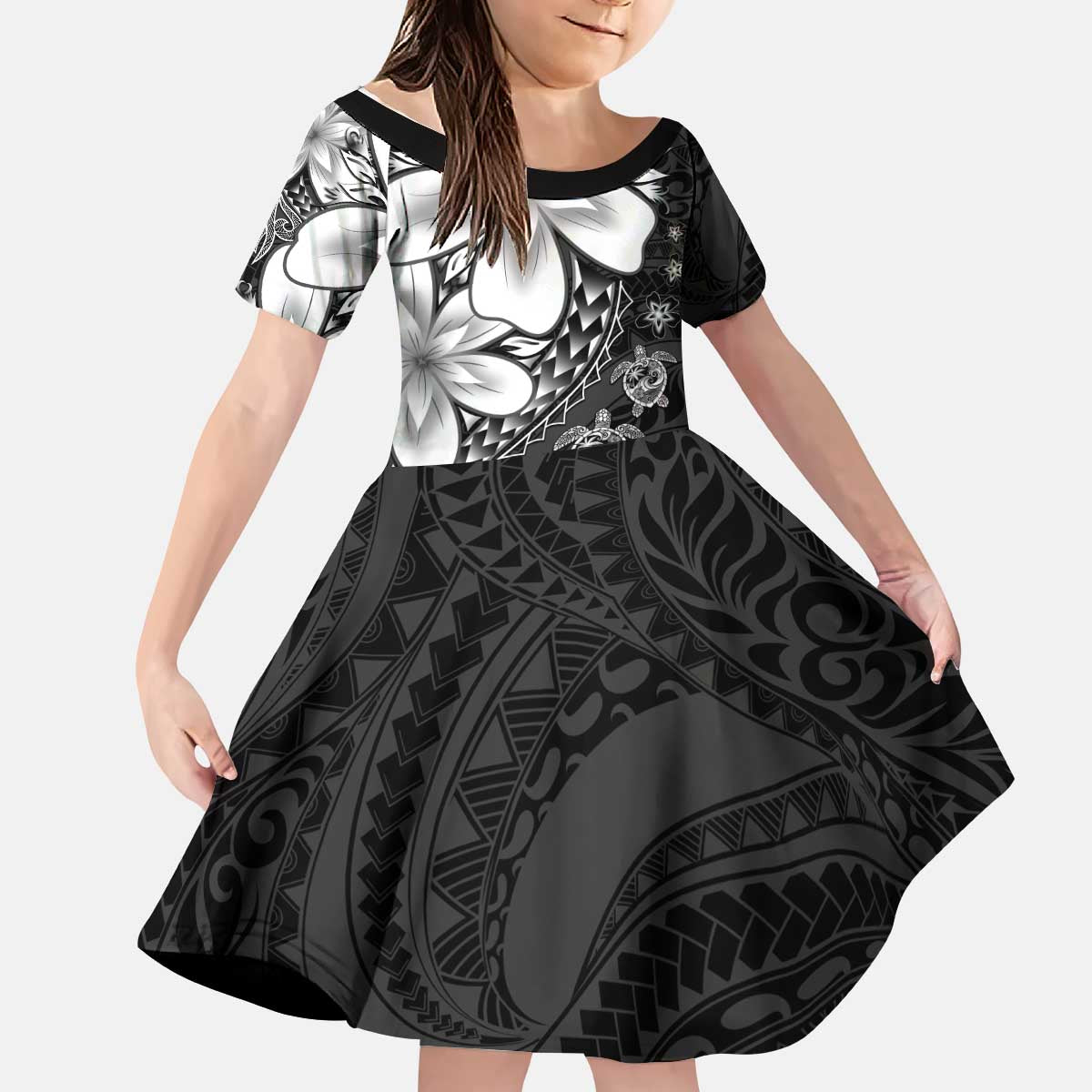 Polynesia Romantic Valentine Kid Short Sleeve Dress Sea Turtle Couple With Black Plumeria