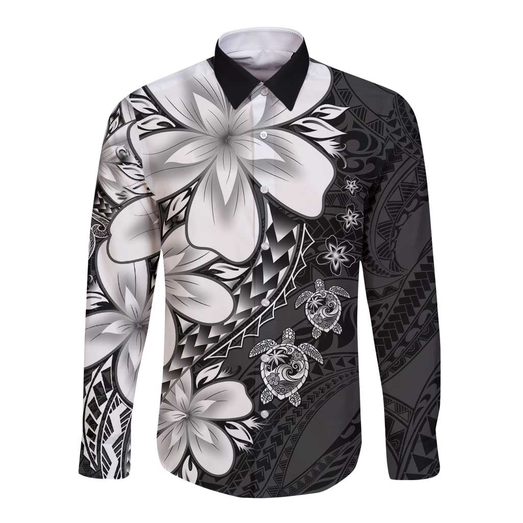 Polynesia Romantic Valentine Long Sleeve Button Shirt Sea Turtle Couple With Black Plumeria