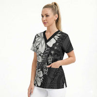 Polynesia Romantic Valentine Scrub Top Sea Turtle Couple With Black Plumeria
