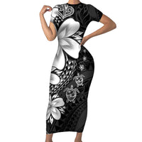 Polynesia Romantic Valentine Short Sleeve Bodycon Dress Sea Turtle Couple With Black Plumeria