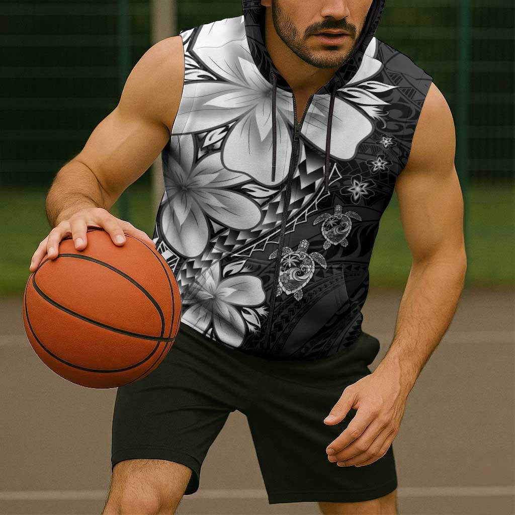 Polynesia Romantic Valentine Sleeveless Zip Hoodie Sea Turtle Couple With Black Plumeria