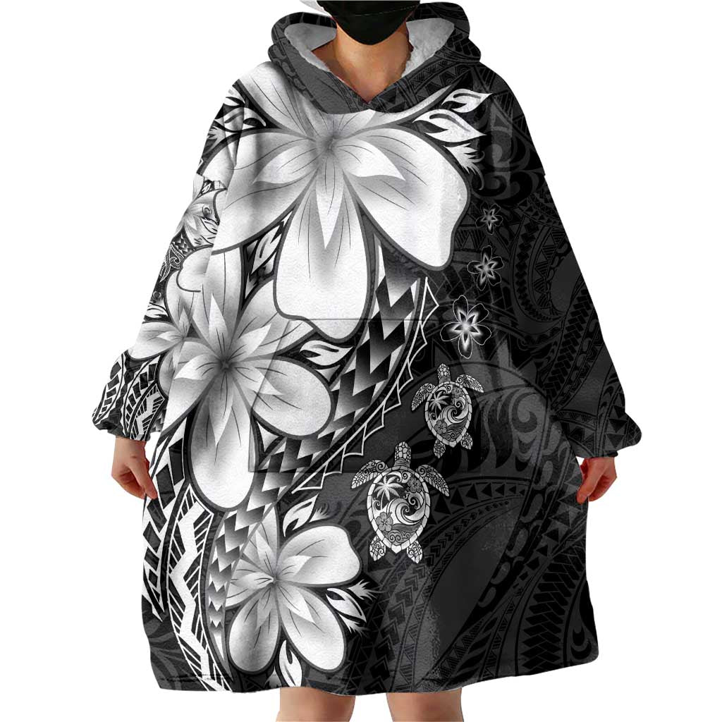 Polynesia Romantic Valentine Wearable Blanket Hoodie Sea Turtle Couple With Black Plumeria