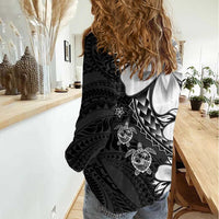 Polynesia Romantic Valentine Women Casual Shirt Sea Turtle Couple With Black Plumeria