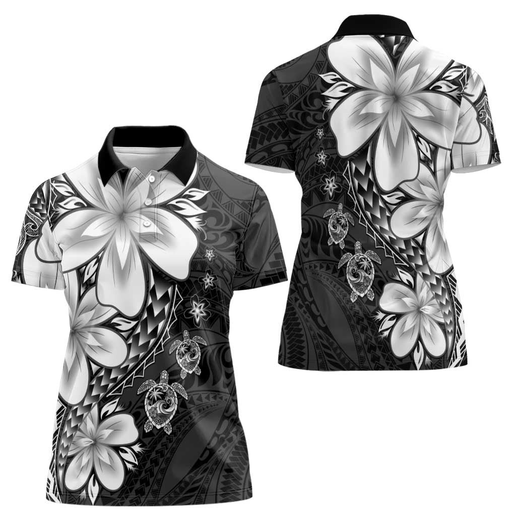 Polynesia Romantic Valentine Women Polo Shirt Sea Turtle Couple With Black Plumeria