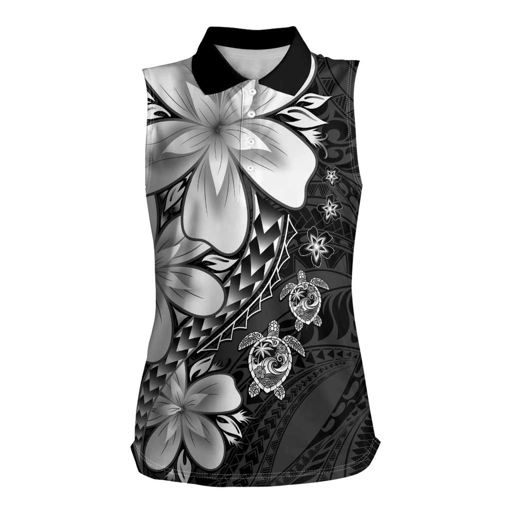 Polynesia Romantic Valentine Women Sleeveless Polo Shirt Sea Turtle Couple With Black Plumeria