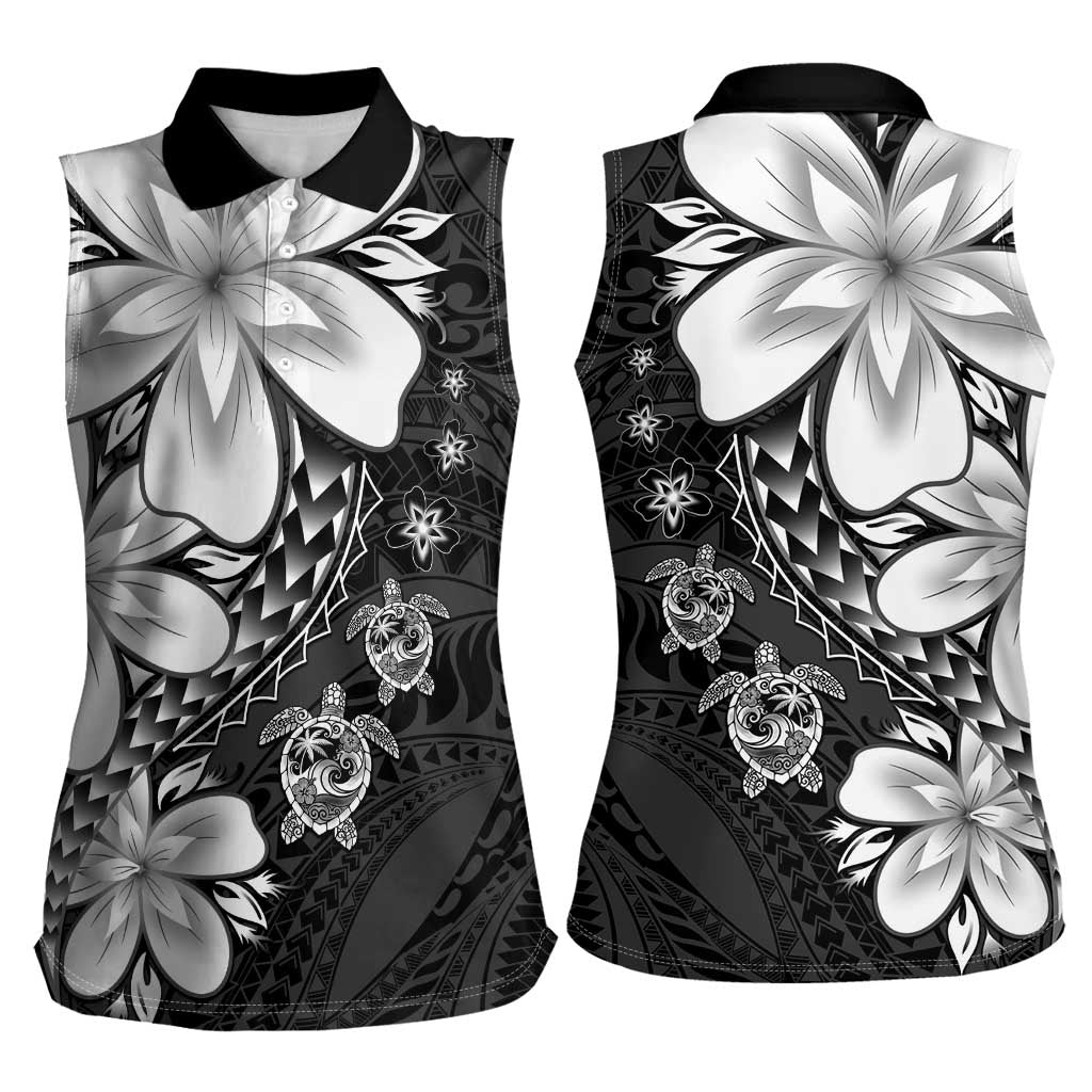 Polynesia Romantic Valentine Women Sleeveless Polo Shirt Sea Turtle Couple With Black Plumeria