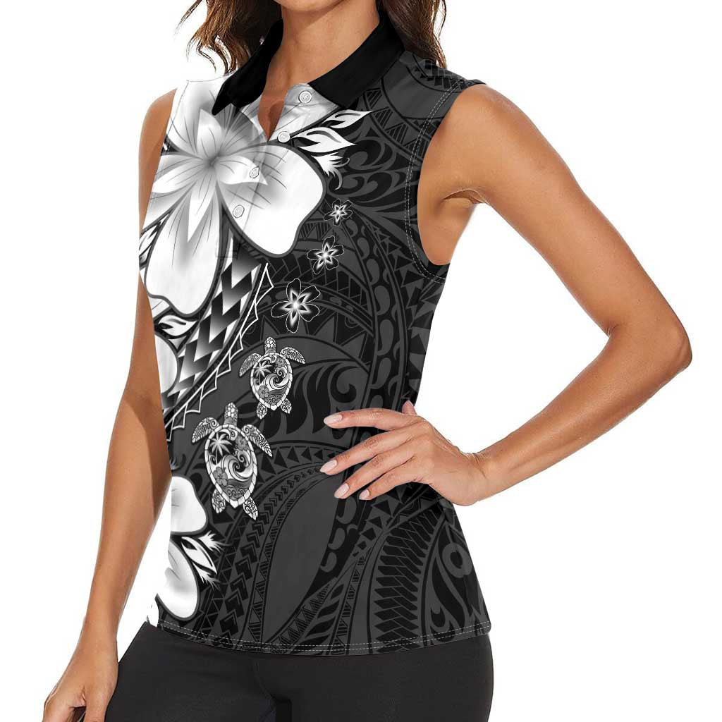 Polynesia Romantic Valentine Women Sleeveless Polo Shirt Sea Turtle Couple With Black Plumeria