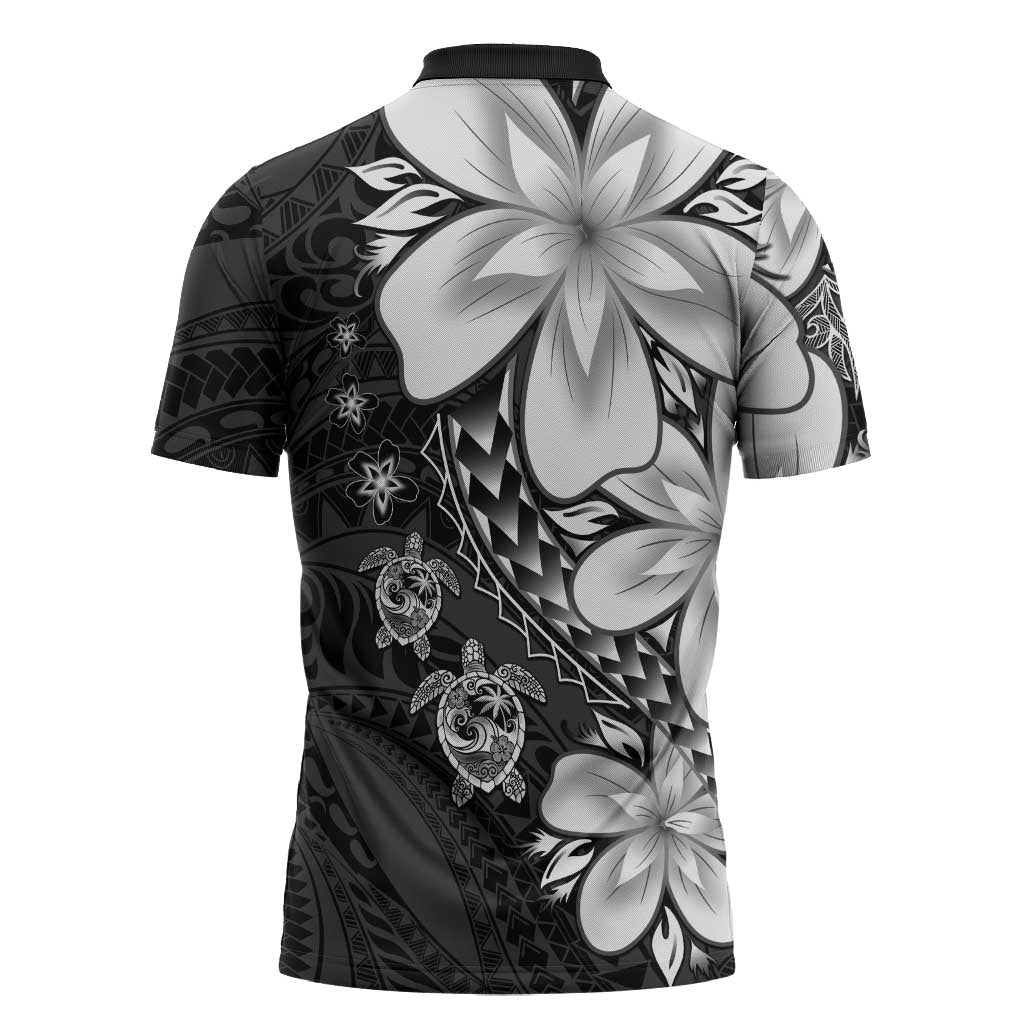 Polynesia Romantic Valentine Zipper Polo Shirt Sea Turtle Couple With Black Plumeria