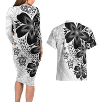 Polynesia Romantic Valentine Couples Matching Long Sleeve Bodycon Dress and Hawaiian Shirt Sea Turtle Couple With White Plumeria