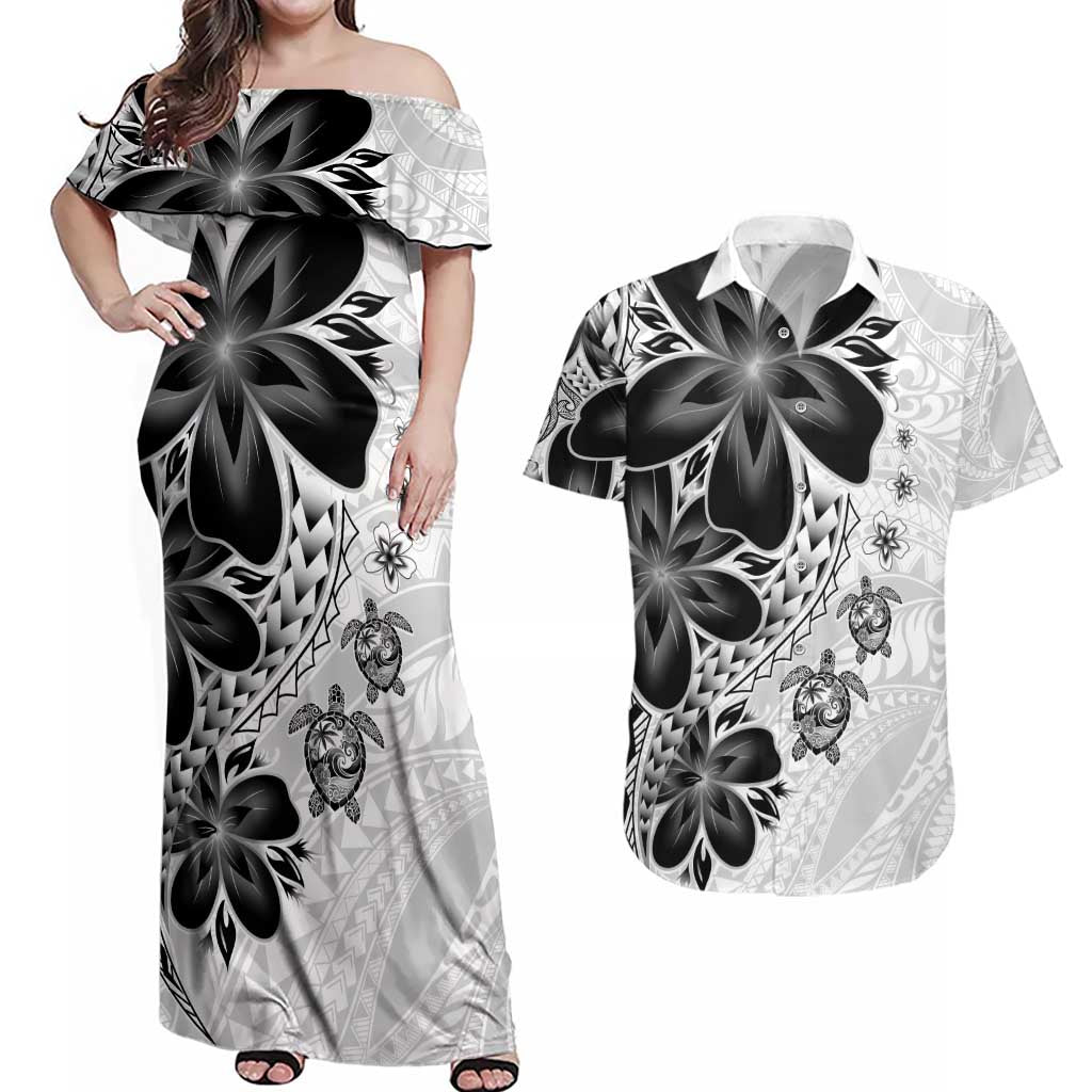 Polynesia Romantic Valentine Couples Matching Off Shoulder Maxi Dress and Hawaiian Shirt Sea Turtle Couple With White Plumeria