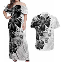 Polynesia Romantic Valentine Couples Matching Off Shoulder Maxi Dress and Hawaiian Shirt Sea Turtle Couple With White Plumeria