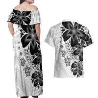 Polynesia Romantic Valentine Couples Matching Off Shoulder Maxi Dress and Hawaiian Shirt Sea Turtle Couple With White Plumeria