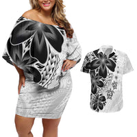 Polynesia Romantic Valentine Couples Matching Off Shoulder Short Dress and Hawaiian Shirt Sea Turtle Couple With White Plumeria