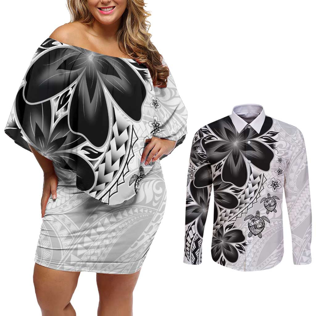 Polynesia Romantic Valentine Couples Matching Off Shoulder Short Dress and Long Sleeve Button Shirt Sea Turtle Couple With White Plumeria