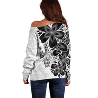 Polynesia Romantic Valentine Off Shoulder Sweater Sea Turtle Couple With White Plumeria