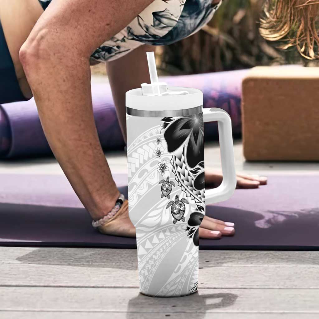 Polynesia Romantic Valentine Tumbler With Handle Sea Turtle Couple With White Plumeria