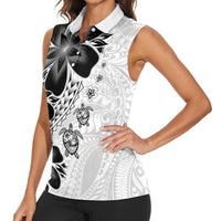 Polynesia Romantic Valentine Women Sleeveless Polo Shirt Sea Turtle Couple With White Plumeria