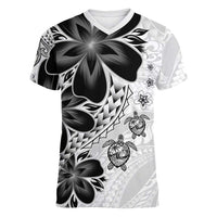 Polynesia Romantic Valentine Women V-Neck T-Shirt Sea Turtle Couple With White Plumeria