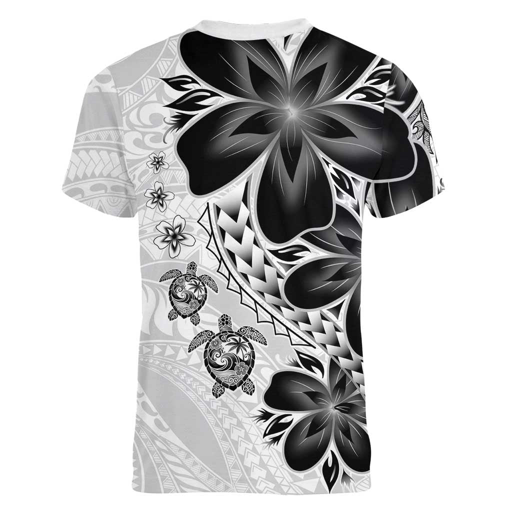 Polynesia Romantic Valentine Women V-Neck T-Shirt Sea Turtle Couple With White Plumeria