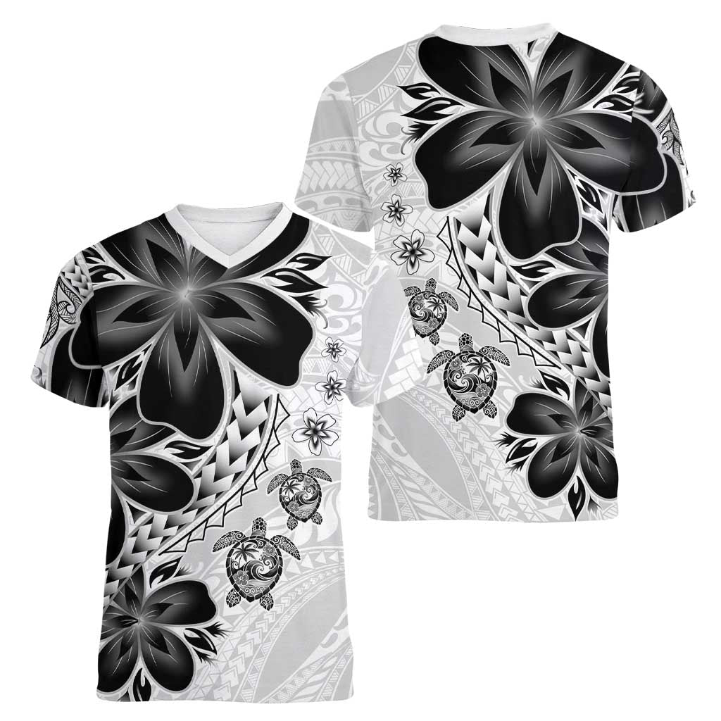 Polynesia Romantic Valentine Women V-Neck T-Shirt Sea Turtle Couple With White Plumeria