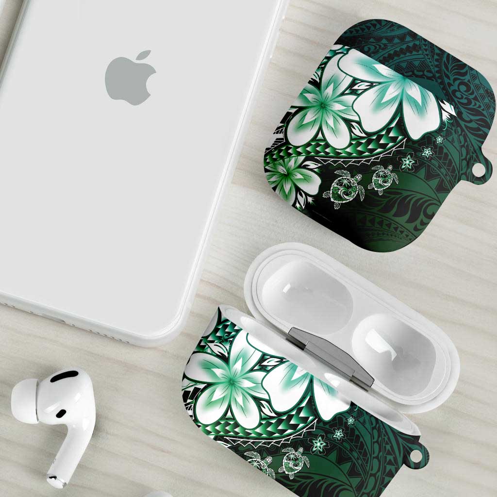 Polynesia Romantic Valentine AirPods Case Sea Turtle Couple With Aqua Gradient Plumeria