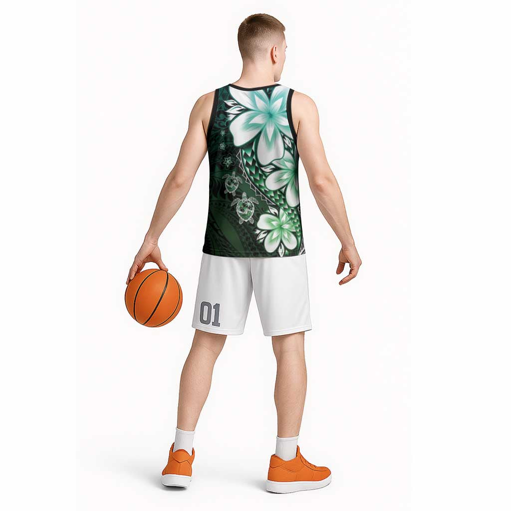 Polynesia Romantic Valentine Basketball Jersey Sea Turtle Couple With Aqua Gradient Plumeria