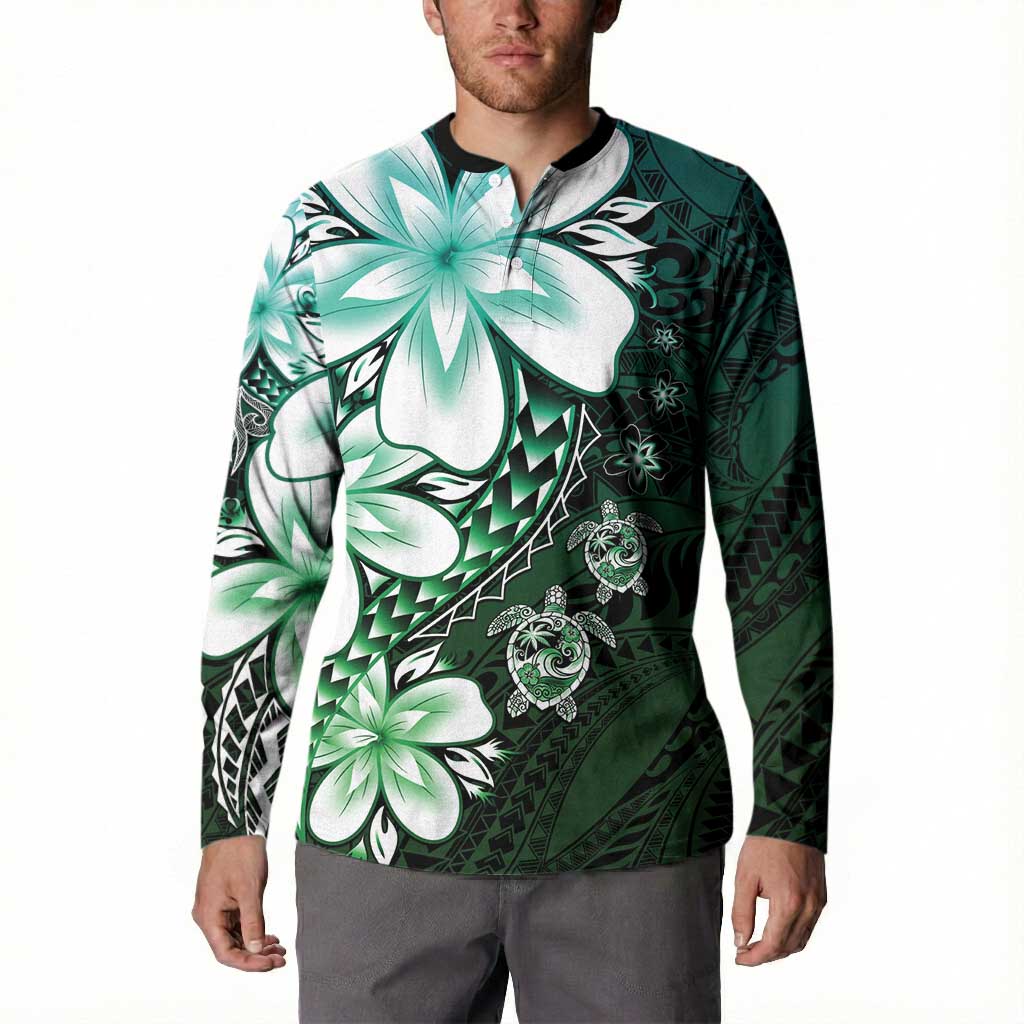 Polynesia Romantic Valentine Button Sweatshirt Sea Turtle Couple With Aqua Gradient Plumeria