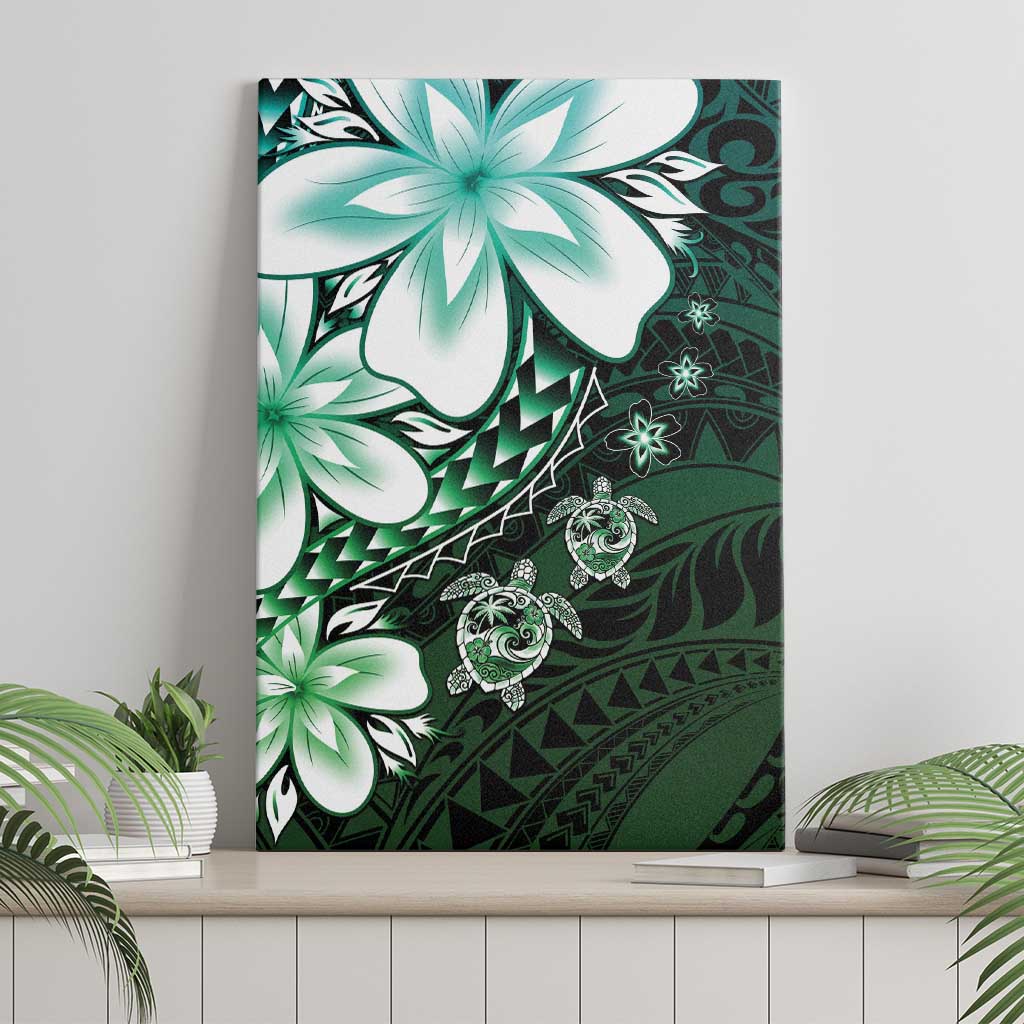 Polynesia Romantic Valentine Canvas Wall Art Sea Turtle Couple With Aqua Gradient Plumeria