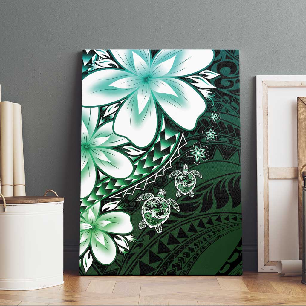 Polynesia Romantic Valentine Canvas Wall Art Sea Turtle Couple With Aqua Gradient Plumeria