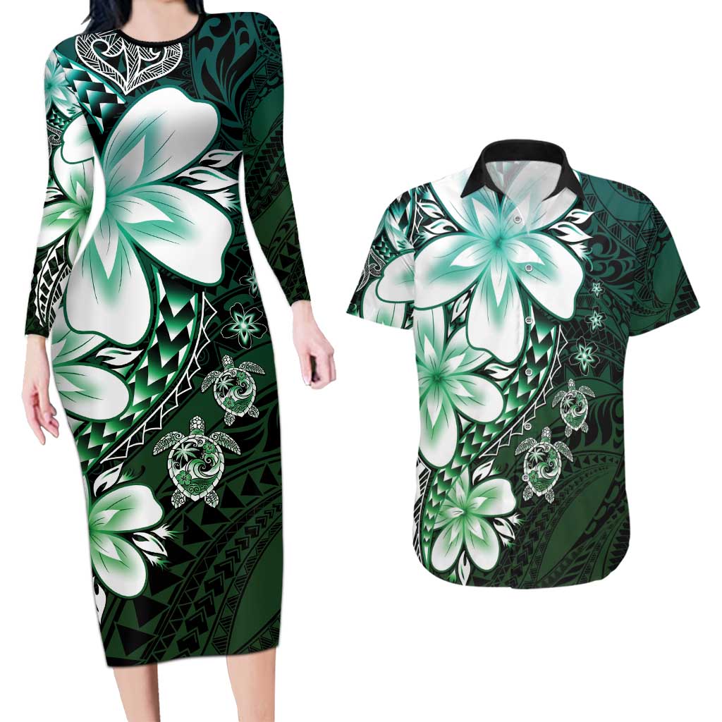 Polynesia Romantic Valentine Couples Matching Long Sleeve Bodycon Dress and Hawaiian Shirt Sea Turtle Couple With Aqua Gradient Plumeria