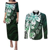 Polynesia Romantic Valentine Couples Matching Puletasi and Long Sleeve Button Shirt Sea Turtle Couple With Aqua Gradient Plumeria