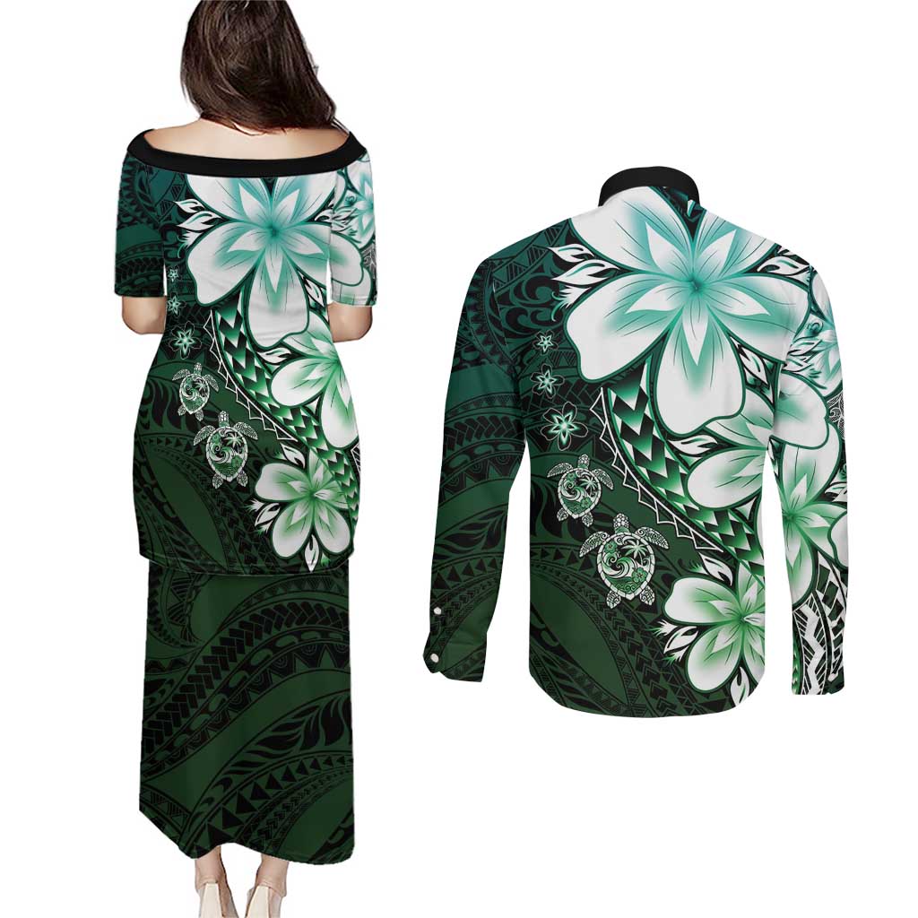 Polynesia Romantic Valentine Couples Matching Puletasi and Long Sleeve Button Shirt Sea Turtle Couple With Aqua Gradient Plumeria