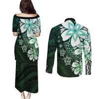 Polynesia Romantic Valentine Couples Matching Puletasi and Long Sleeve Button Shirt Sea Turtle Couple With Aqua Gradient Plumeria