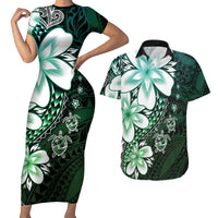 Polynesia Romantic Valentine Couples Matching Short Sleeve Bodycon Dress and Hawaiian Shirt Sea Turtle Couple With Aqua Gradient Plumeria