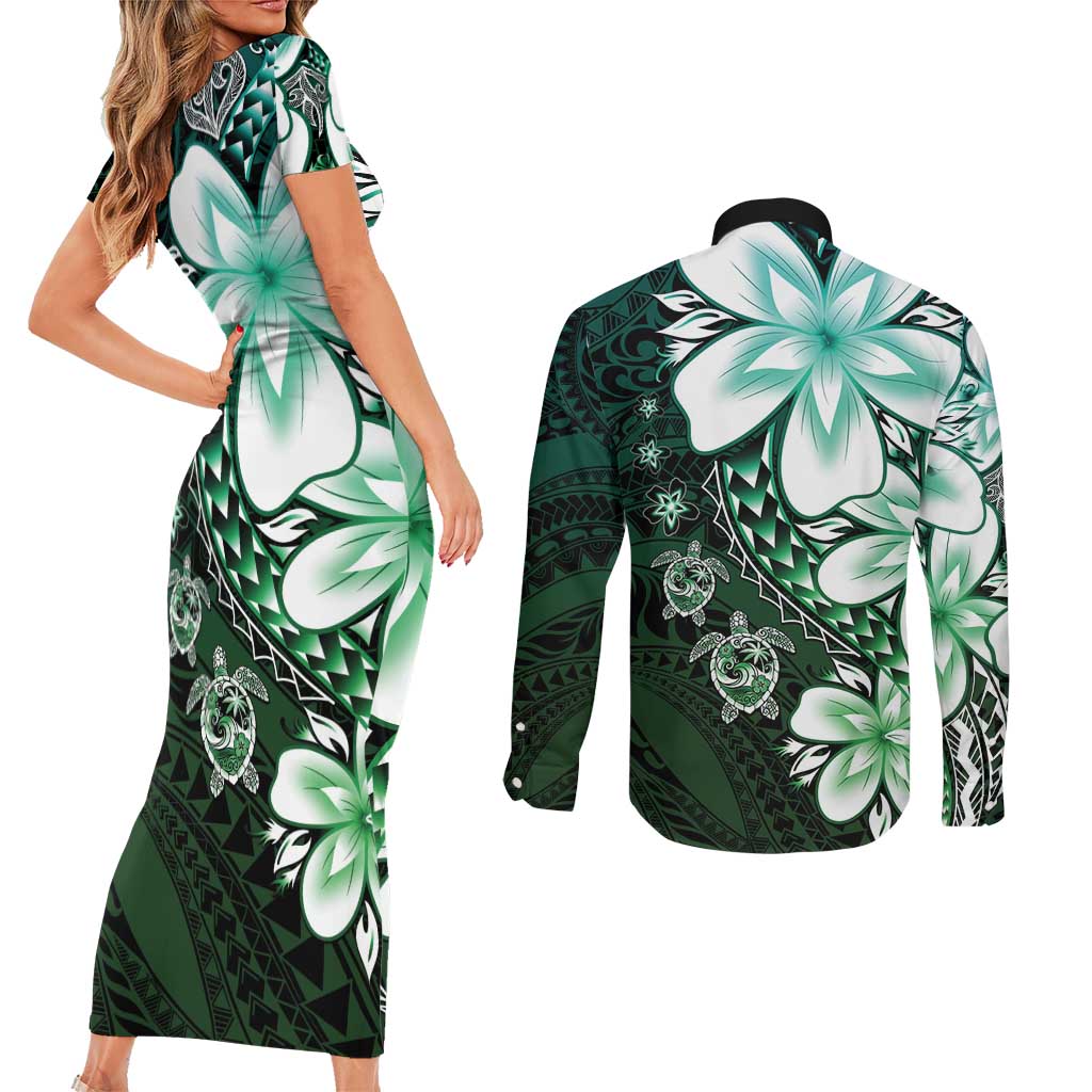 Polynesia Romantic Valentine Couples Matching Short Sleeve Bodycon Dress and Long Sleeve Button Shirt Sea Turtle Couple With Aqua Gradient Plumeria