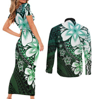 Polynesia Romantic Valentine Couples Matching Short Sleeve Bodycon Dress and Long Sleeve Button Shirt Sea Turtle Couple With Aqua Gradient Plumeria