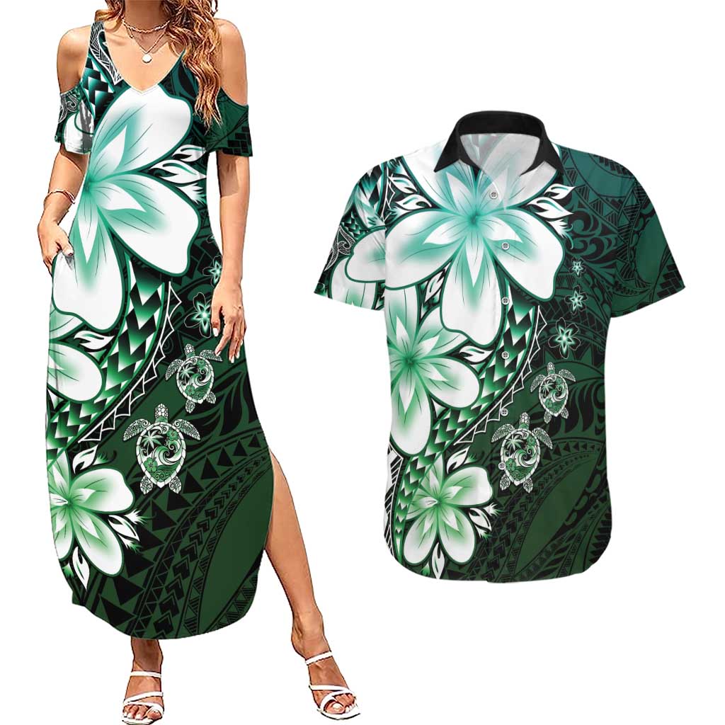 Polynesia Romantic Valentine Couples Matching Summer Maxi Dress and Hawaiian Shirt Sea Turtle Couple With Aqua Gradient Plumeria