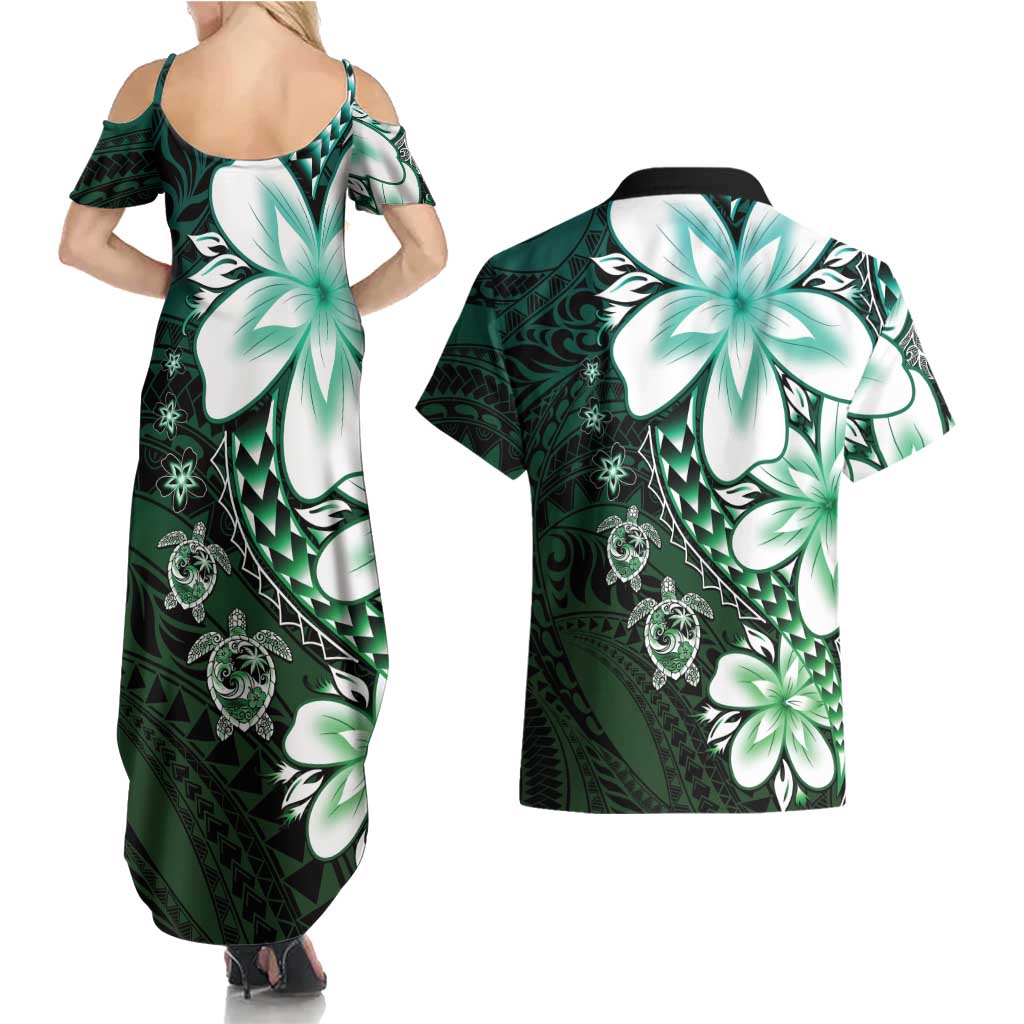 Polynesia Romantic Valentine Couples Matching Summer Maxi Dress and Hawaiian Shirt Sea Turtle Couple With Aqua Gradient Plumeria