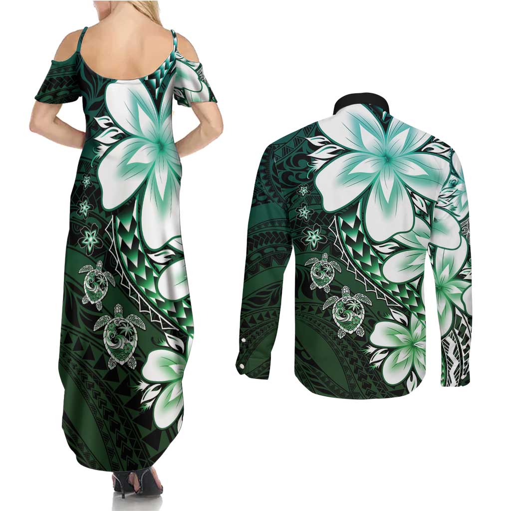 Polynesia Romantic Valentine Couples Matching Summer Maxi Dress and Long Sleeve Button Shirt Sea Turtle Couple With Aqua Gradient Plumeria LT05 - Polynesian Pride