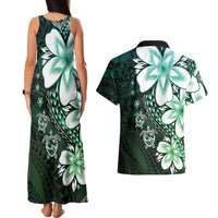 Polynesia Romantic Valentine Couples Matching Tank Maxi Dress and Hawaiian Shirt Sea Turtle Couple With Aqua Gradient Plumeria