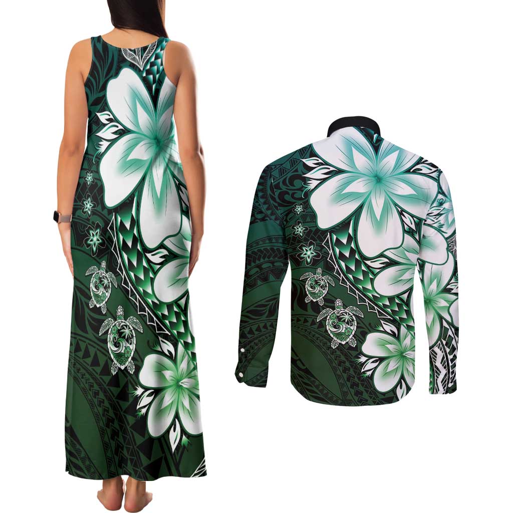 Polynesia Romantic Valentine Couples Matching Tank Maxi Dress and Long Sleeve Button Shirt Sea Turtle Couple With Aqua Gradient Plumeria