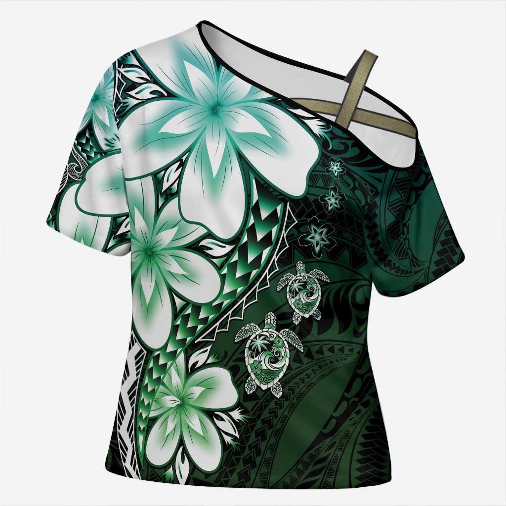 Polynesia Romantic Valentine Cross Shoulder Shirt Sea Turtle Couple With Aqua Gradient Plumeria