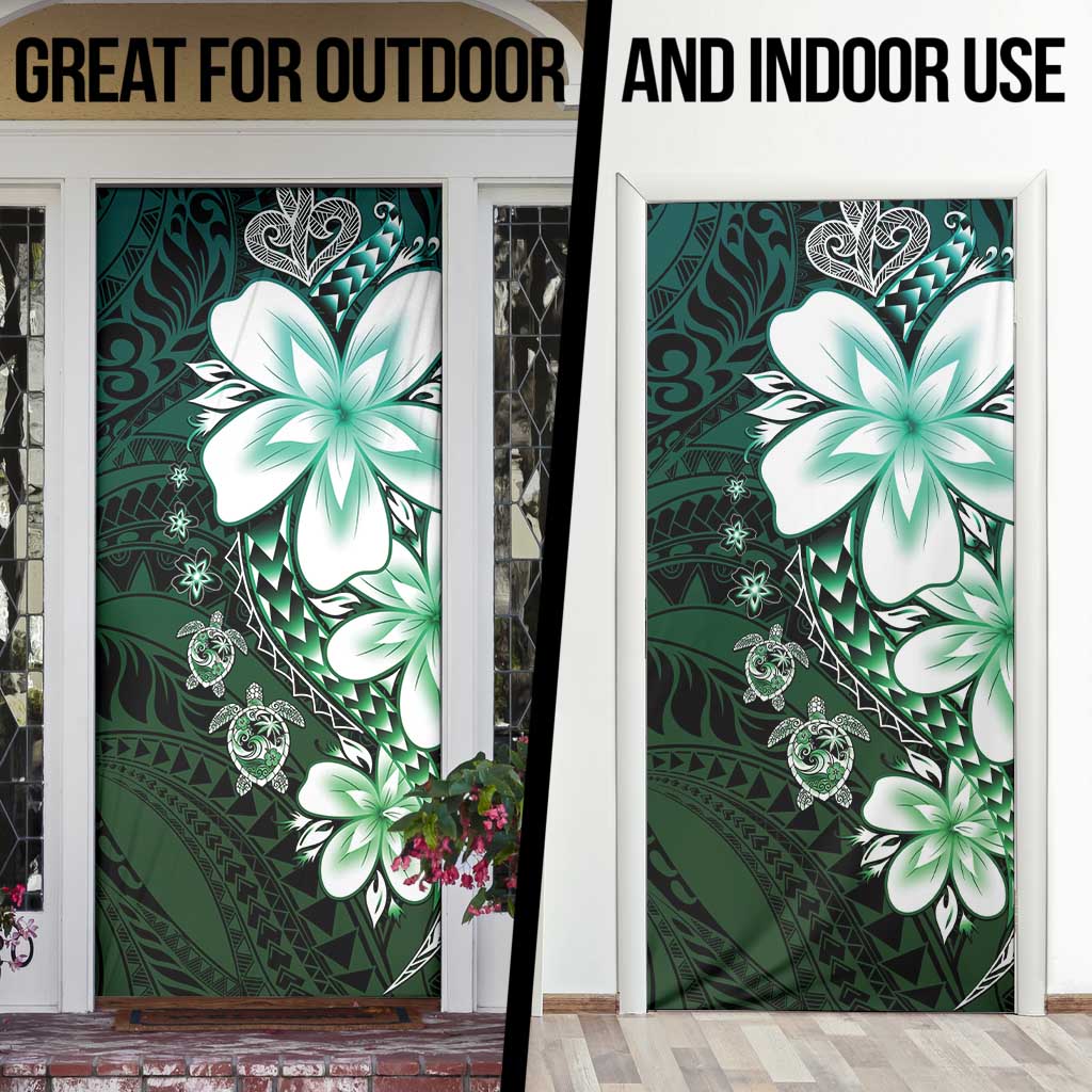 Polynesia Romantic Valentine Door Cover Sea Turtle Couple With Aqua Gradient Plumeria