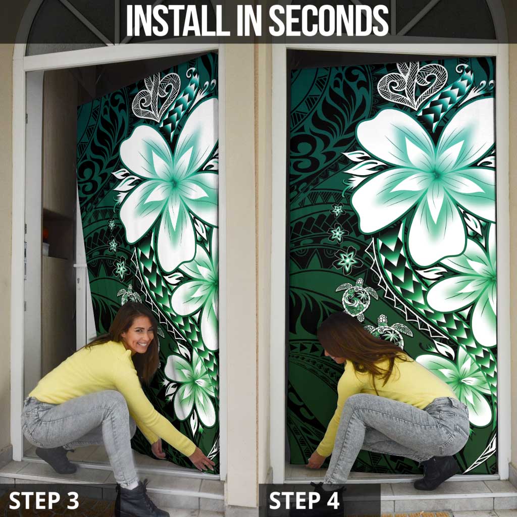 Polynesia Romantic Valentine Door Cover Sea Turtle Couple With Aqua Gradient Plumeria