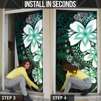 Polynesia Romantic Valentine Door Cover Sea Turtle Couple With Aqua Gradient Plumeria