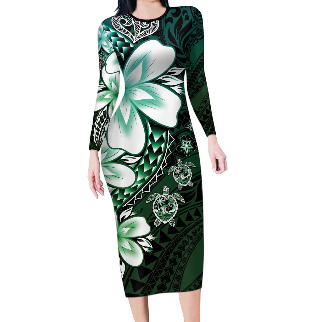Polynesia Romantic Valentine Family Matching Long Sleeve Bodycon Dress and Hawaiian Shirt Sea Turtle Couple With Aqua Gradient Plumeria LT05 Mom's Dress Aqua - Polynesian Pride