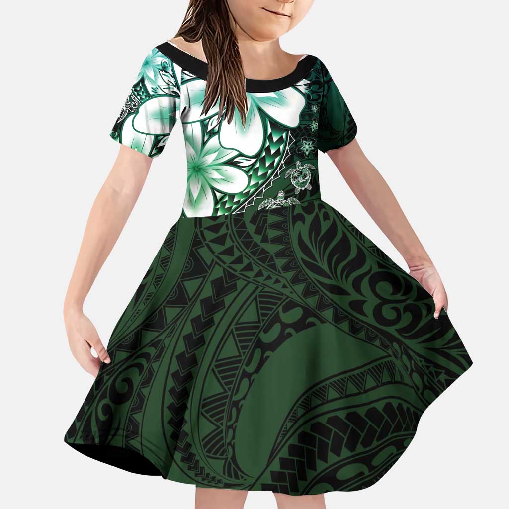 Polynesia Romantic Valentine Family Matching Off The Shoulder Long Sleeve Dress and Hawaiian Shirt Sea Turtle Couple With Aqua Gradient Plumeria LT05 Daughter's Dress Aqua - Polynesian Pride
