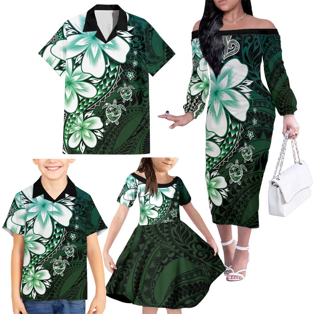 Polynesia Romantic Valentine Family Matching Off The Shoulder Long Sleeve Dress and Hawaiian Shirt Sea Turtle Couple With Aqua Gradient Plumeria LT05 - Polynesian Pride