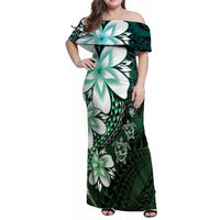 Polynesia Romantic Valentine Family Matching Off Shoulder Maxi Dress and Hawaiian Shirt Sea Turtle Couple With Aqua Gradient Plumeria LT05 Mom's Dress Aqua - Polynesian Pride