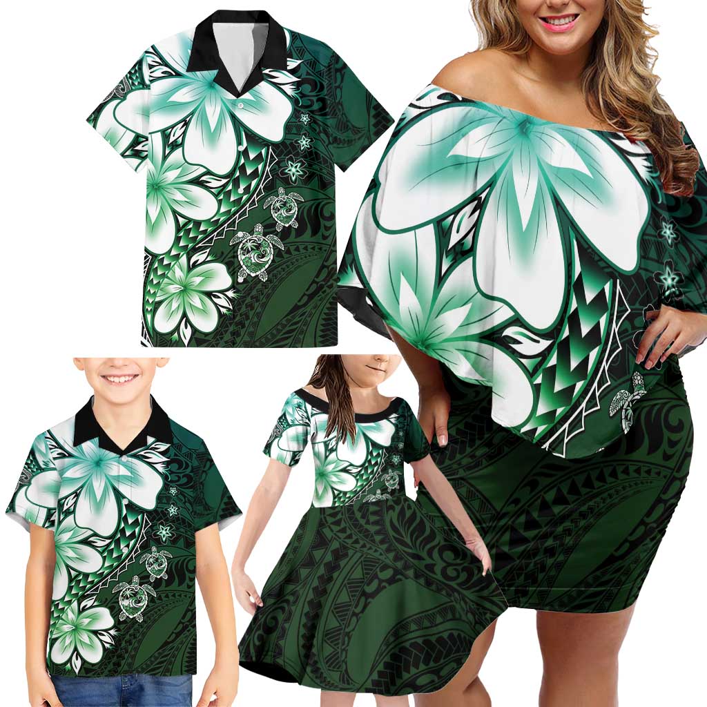 Polynesia Romantic Valentine Family Matching Off Shoulder Short Dress and Hawaiian Shirt Sea Turtle Couple With Aqua Gradient Plumeria LT05 - Polynesian Pride